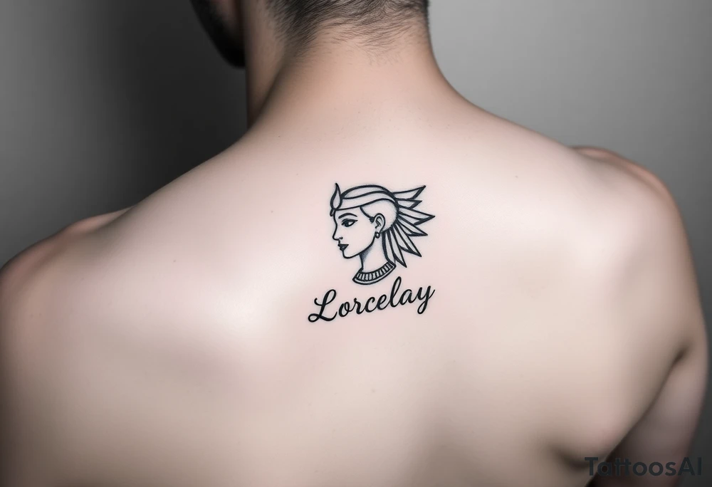Créame un diseño en miniatura para el bíceps de un personaje principal chica 
de la cultura de egipcia con el nombre de lorelay escrito por debajo del diseño tattoo idea