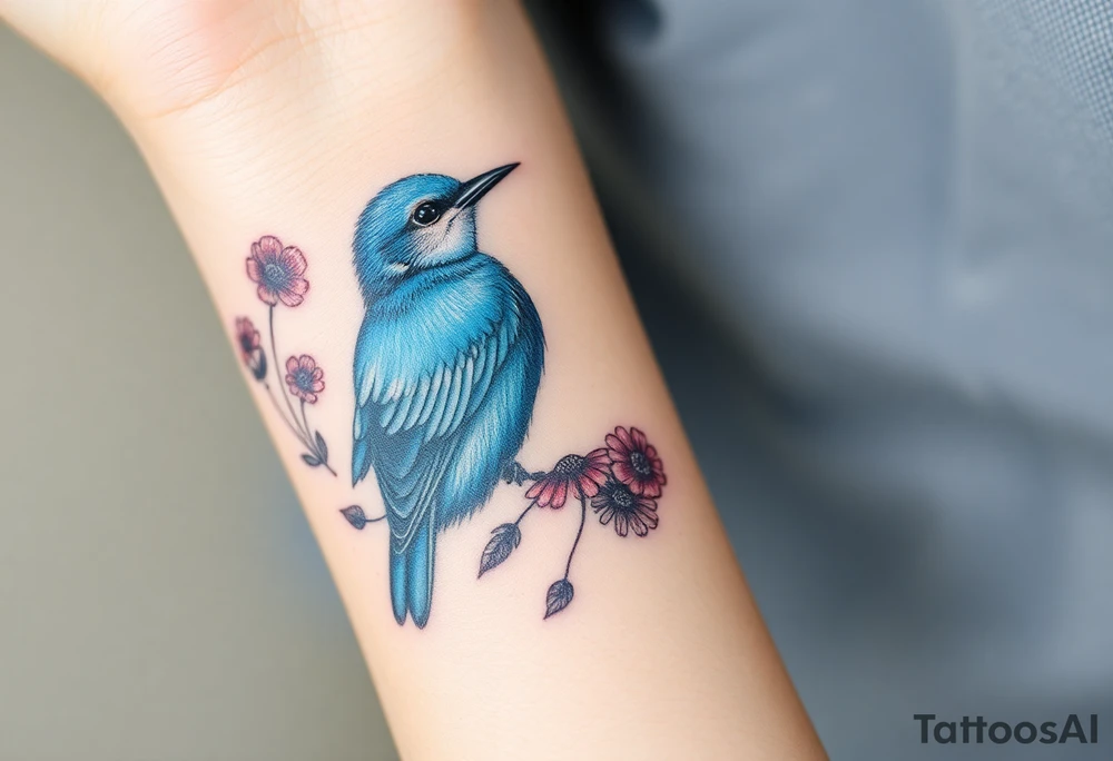 powerful majestic bluebird surrounded by wild flowers tattoo idea