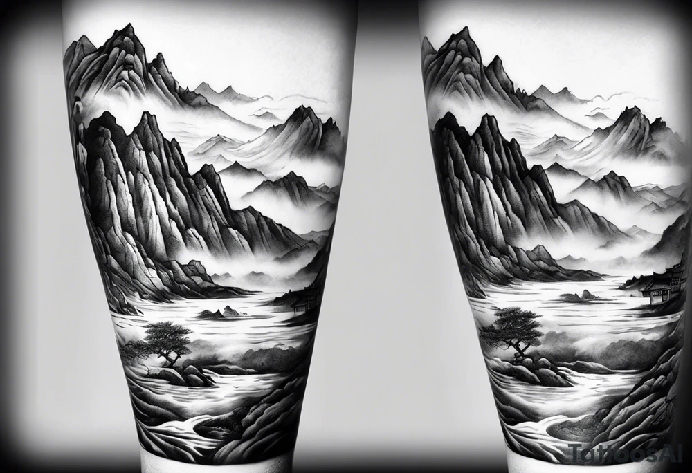 forearm sleeve traditional chinese art painting style mountains mist fog waterfall Chinese temple two old men wearing robes and drinking tea tattoo idea