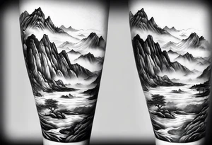 forearm sleeve traditional chinese art painting style mountains mist fog waterfall Chinese temple two old men wearing robes and drinking tea tattoo idea