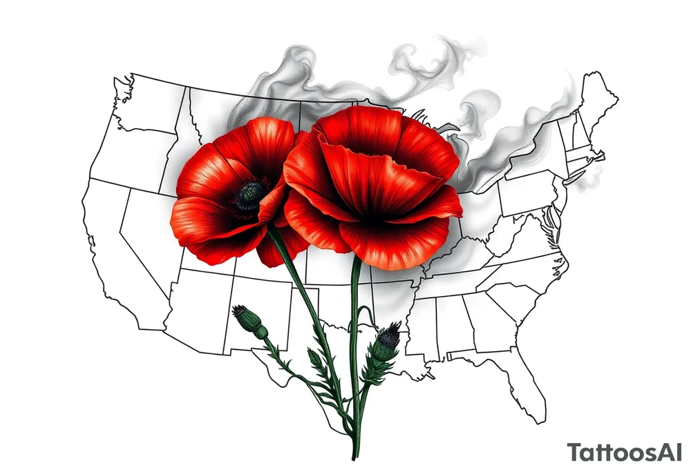 2 poppy’s growing out of the smoke with 11B in the background and layer this over a map of the USA tattoo idea