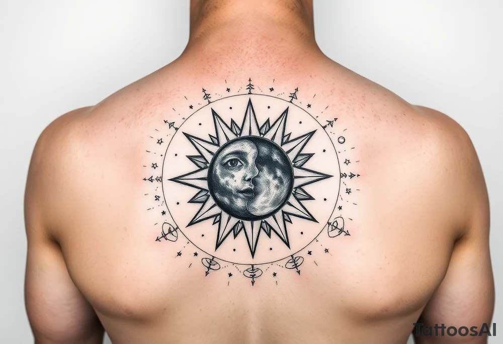 celestial sun and moon embrace with constellation patterns tattoo idea celestial sun and moon embrace with constellation patterns tattoo idea