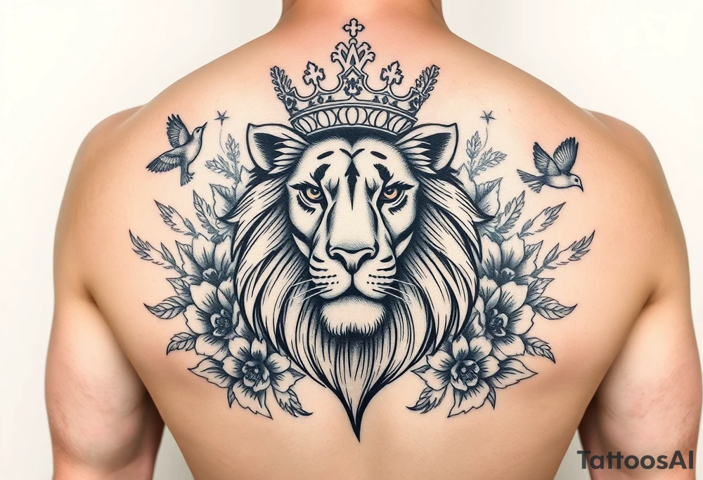 powerful majestic lion with a crown, surrounded by floral ornaments and birds tattoo idea