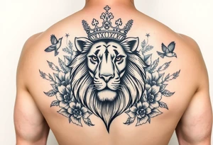 powerful majestic lion with a crown, surrounded by floral ornaments and birds tattoo idea