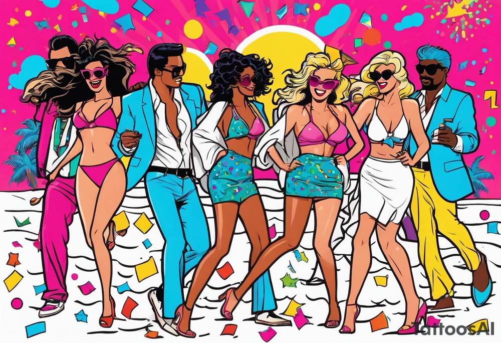 1980's miami vice style beach dance 
party, include confetti, music notes, boom box, bikinis tattoo idea