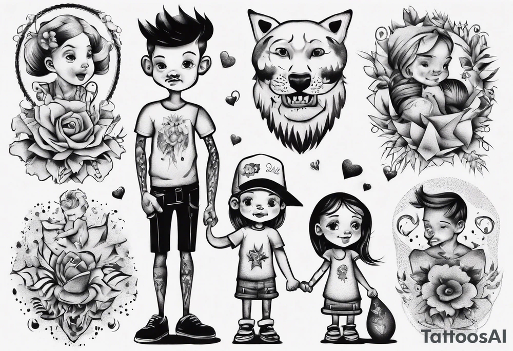 dad and kids, a boy and a girl tattoo idea