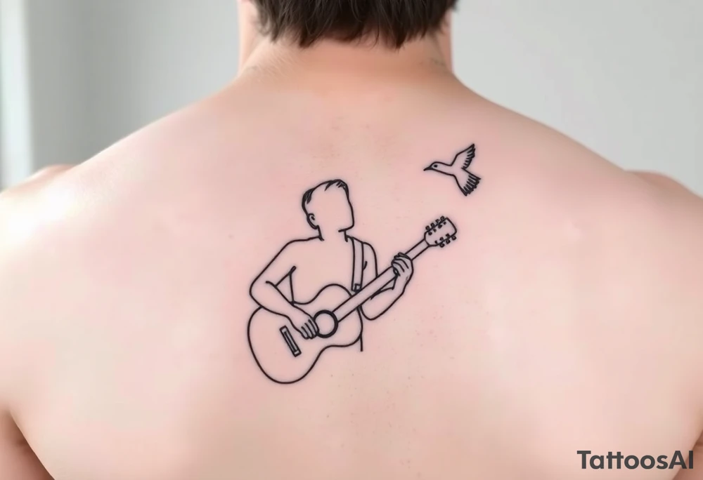 Person playing guitar with top half of head off and a bird flying out of head tattoo idea