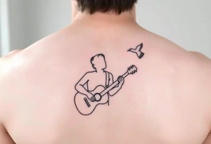 Person playing guitar with top half of head off and a bird flying out of head tattoo idea