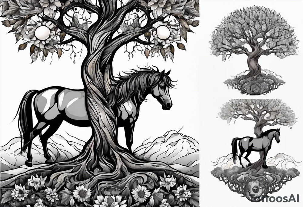 Yggdrasil tree, horse, sunflower tattoo idea