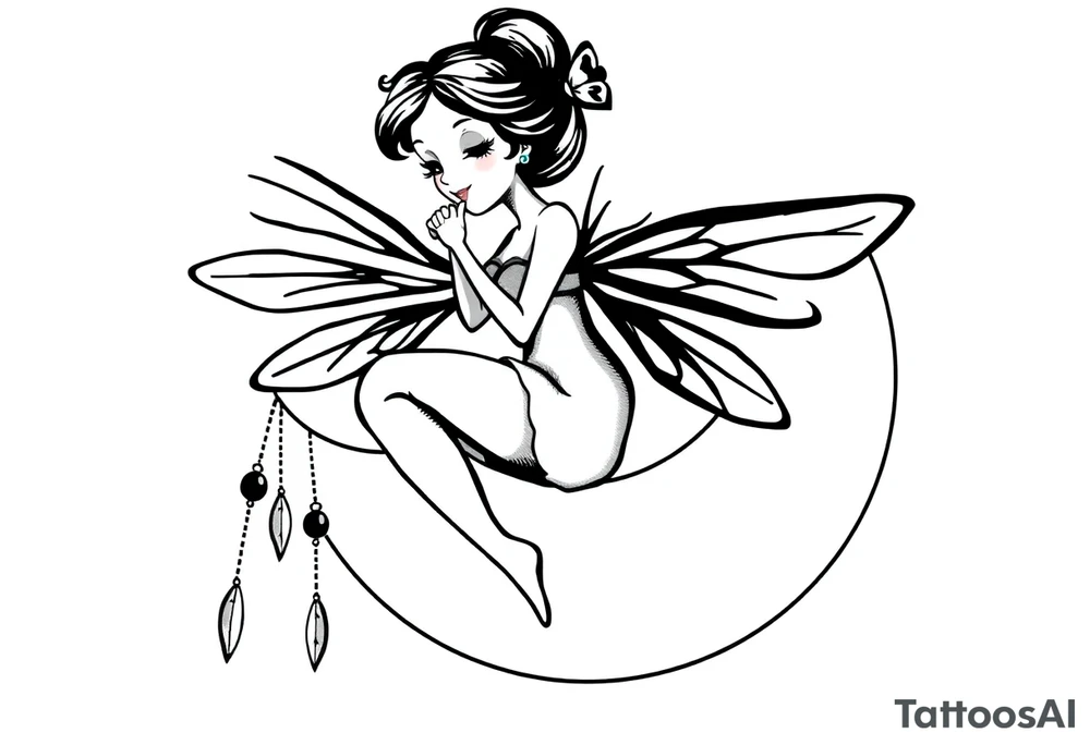 Solid black design. Fairy sitting on moon with dangles tattoo idea