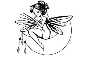 Solid black design. Fairy sitting on moon with dangles tattoo idea