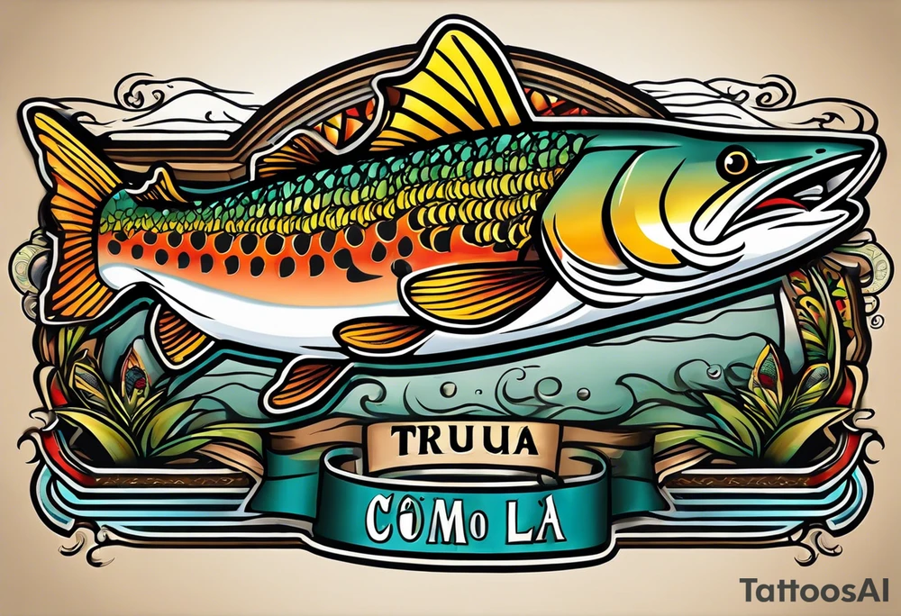 A small tattoo with a shaded trout and text that says, 'Como la trucha...' drawn with fine lines." tattoo idea