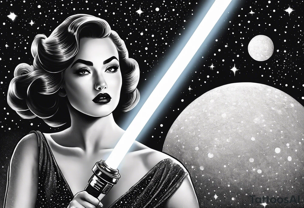 Pinup woman holding light saber in space tattoo idea