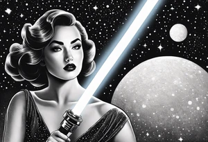 Pinup woman holding light saber in space tattoo idea