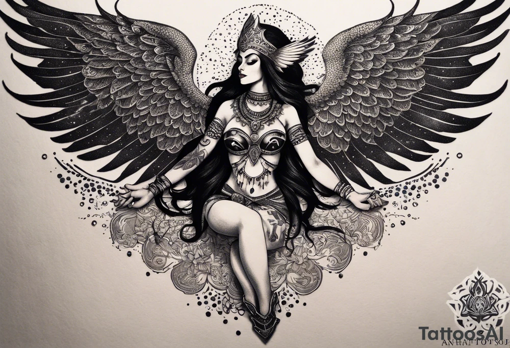 black kali, goddess pirate, alien, angel, pachamama, valkrye, warrior, flying, skull, lotus azul, wing, eagle, zenza resonance, stars, 5D, anahata chakra, death, durga, riding on a tiger, flying lady, chest tatoo tattoo idea