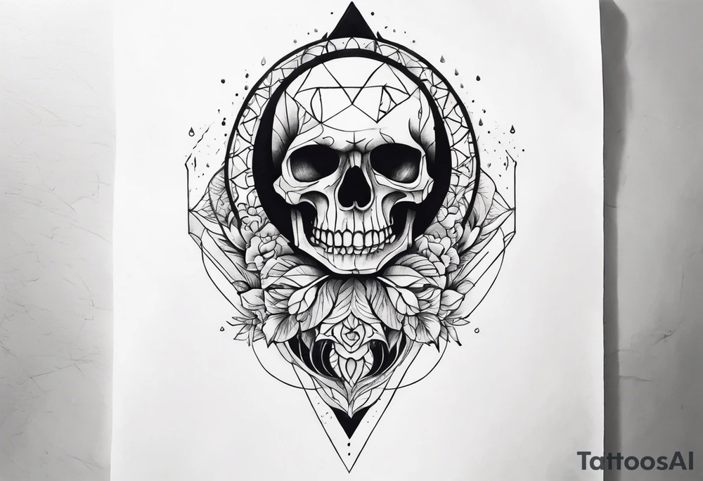knee tattoo with skull and water colors and shapes tattoo idea