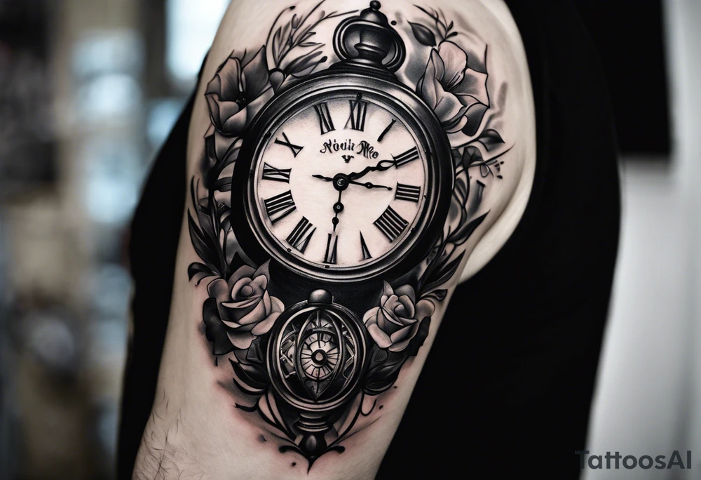 Draw me a tattoo located on the shoulder and upper arm of a man. The tattoo represents a clock in an hourglass with Roman numerals in the background. It is a symbol of the passing of time. tattoo idea