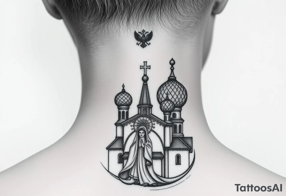 Flowing Scene

A onion domes orthodox church
Virgin Mary in prayer pose wrapping around the lower neck curve
A small double headed russian coat of arms eagle or just the star tucked above the dome near the hairline tattoo idea