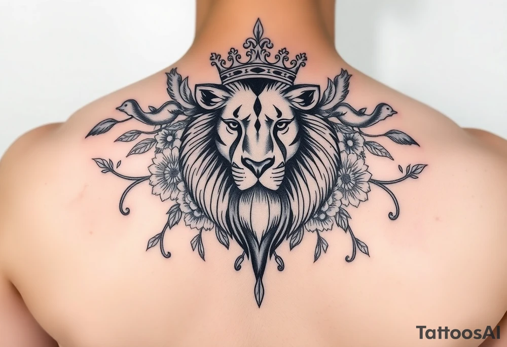 powerful majestic lion with a crown, surrounded by floral ornaments and birds tattoo idea