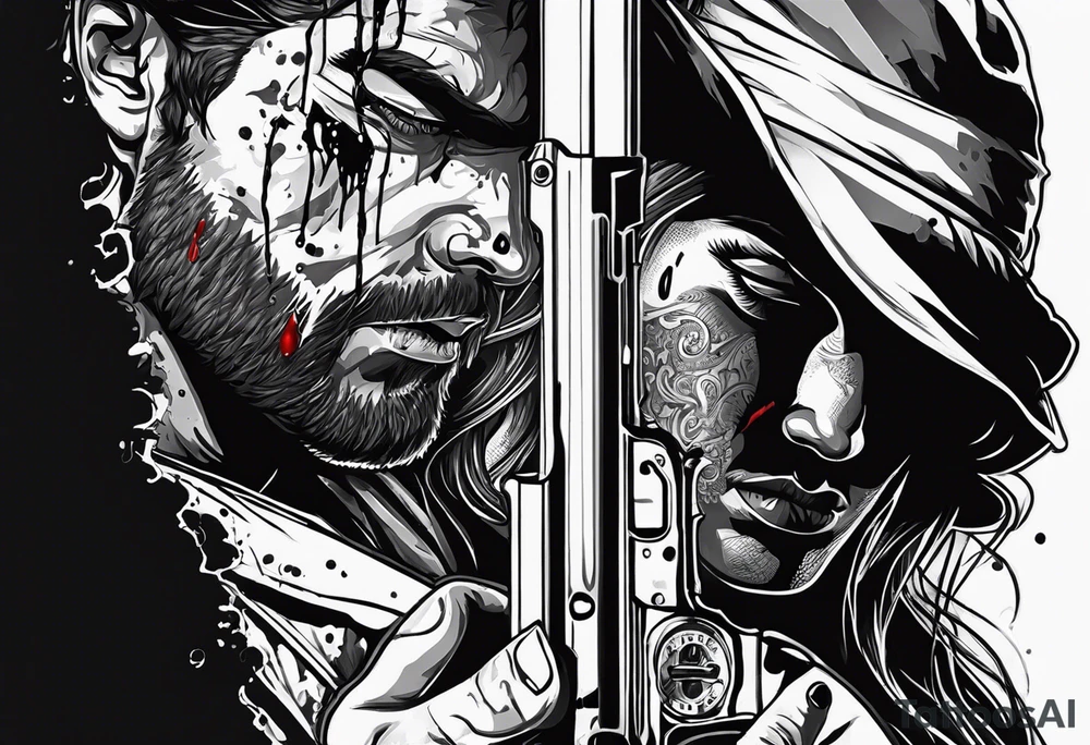 In the reflection of a eye crying blood two black siloets of people holding guns one man dead on the ground with a wounded woman standing behind him tattoo idea