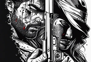 In the reflection of a eye crying blood two black siloets of people holding guns one man dead on the ground with a wounded woman standing behind him tattoo idea