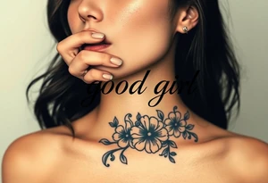 Obedient woman with a man’s hand squeezing her face and thumb in her mouth. Text saying “good girl” in traditional style over top tattoo idea
