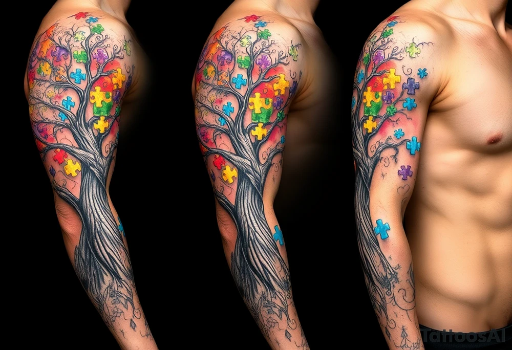 left arm full sleeve to support autism awareness full color and completed filled also include a tree with the autism puzzle as leaves to start the sleeve tattoo idea