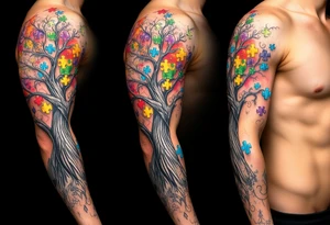 left arm full sleeve to support autism awareness full color and completed filled also include a tree with the autism puzzle as leaves to start the sleeve tattoo idea