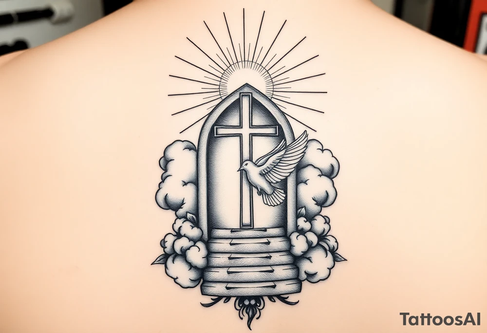 Vorrei un tatuaggio sull'avambraccio con un design principale composto da un portale aperto tra le nuvole, con una scalinata che conduce verso di esso. Sopra il portale vorrei una croce dal design elegante, circondata da raggi di luce che si diffondono in modo radiante. Infine, desidero una colomba del lutto in volo (mourning dove), simbolo di pace e rinascita, inserita armoniosamente nella composizione. L'idea generale è trasmettere spiritualità, speranza e un senso di elevazione. tattoo idea