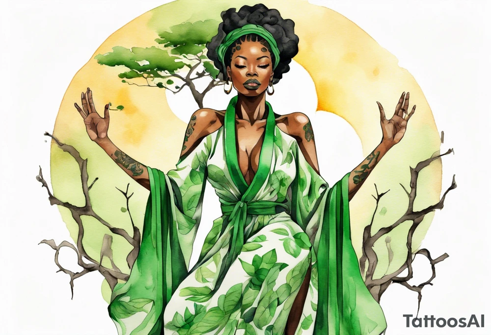 a beautiful black woman wearing a green robe with legs that turn into tree roots, arms raised towards the sun tattoo idea