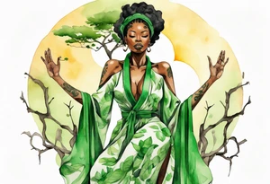 a beautiful black woman wearing a green robe with legs that turn into tree roots, arms raised towards the sun tattoo idea