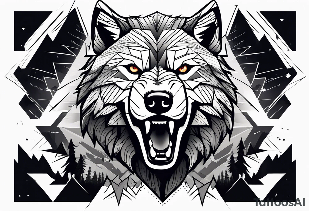 Powerful storm raging through forest with an alpha wolf snarling tattoo idea