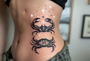 A monochrome Cancer crab is shaded in black and gray beneath astrological star constellation stars glowing in white ink. tattoo idea