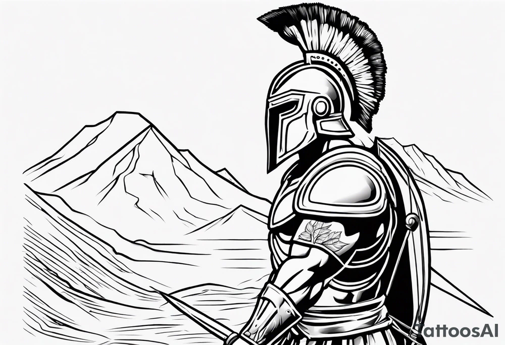 rectangular landscape format ultra-fine line linework vector of a spartan from the side, spartan spear, spartan shield, laurel wreath tattoo idea