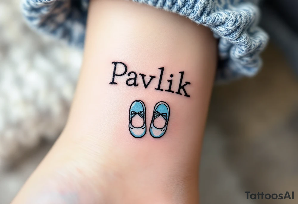 Pavlík written above a tiny pair of baby shoes in dusty blue. tattoo idea