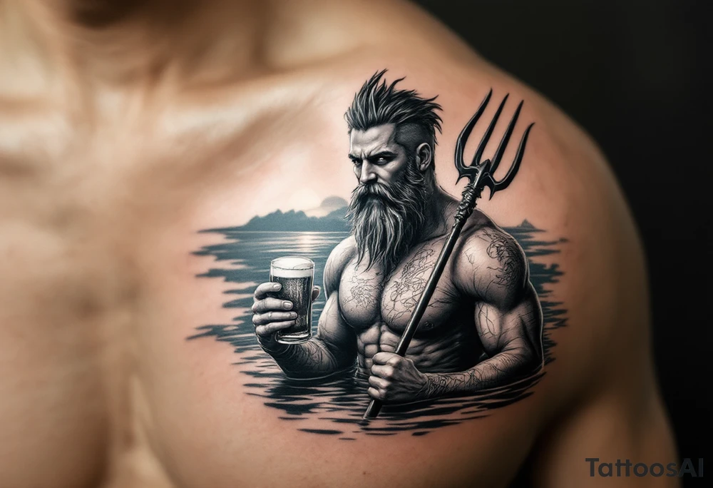 young, happy, fit, short hair, poseidon in calm water, holding a trident, drinking a beer, with sunset, with ski boat tattoo idea