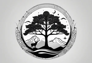 I want it in a vertical line one end to start with a tree then connect to a boomerang then connect to mountains then connect to the sun tattoo idea