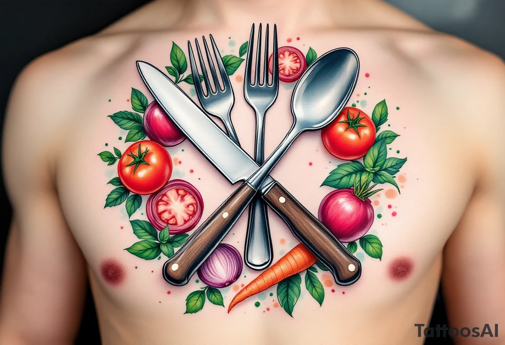 A realistic kitchen tattoo design showing a large silver kitchen knife with a dark brown wooden handle crossed over a shiny silver fork and spoon, all placed diagonally, surrounded by whole and sliced vegetables including bright red round tomatoes, leafy green basil, long orange carrots with green tops, and round purple onions with visible rings, all arranged in a circular wreath shape with a soft white background and subtle watercolor splashes of green, red, and orange for depth. tattoo idea