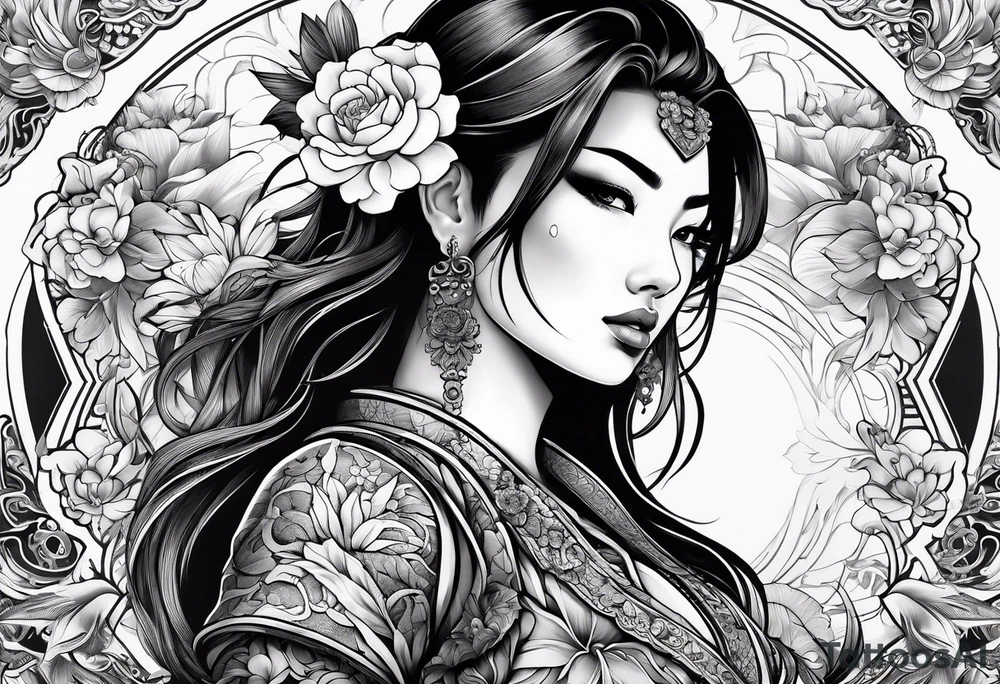 ornate beautiful woman warrior with weapon floral  tattoo tattoo idea