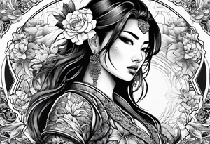 ornate beautiful woman warrior with weapon floral  tattoo tattoo idea