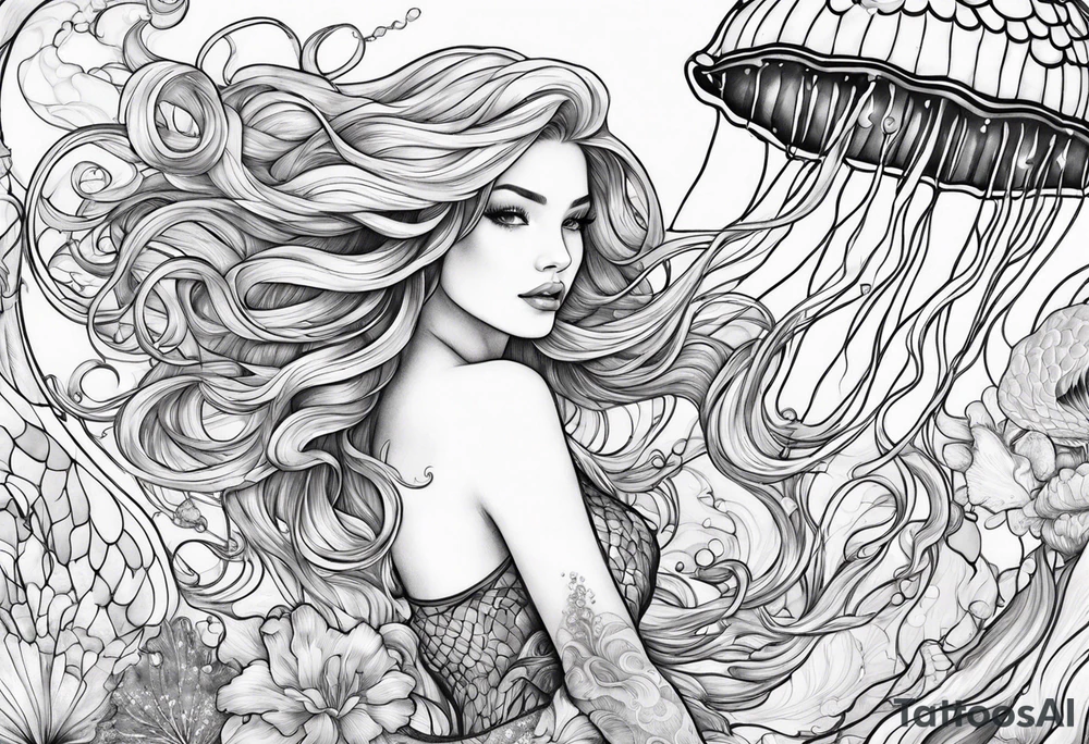 Jellyfish swimming around mermaid tattoo idea
