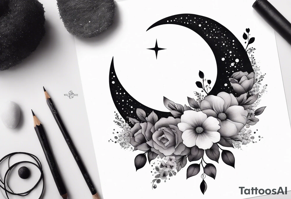 Crescent moon with a heart inside, shrouded by beautiful flowers with wisps of mist tattoo idea