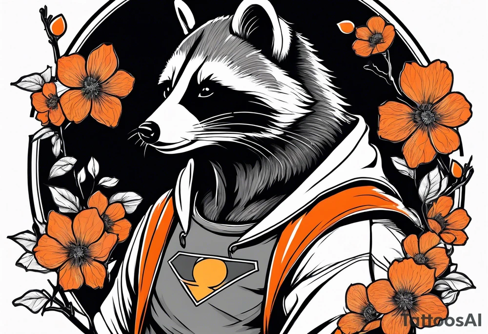 raccoon wearing a black and white Superman hoodie and orange Japanese cherry blossoms tattoo idea