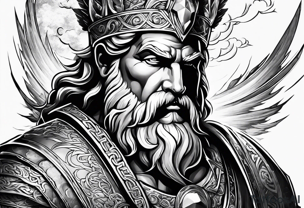 The god Zeus is a thunderer with lightning in the clouds tattoo idea
