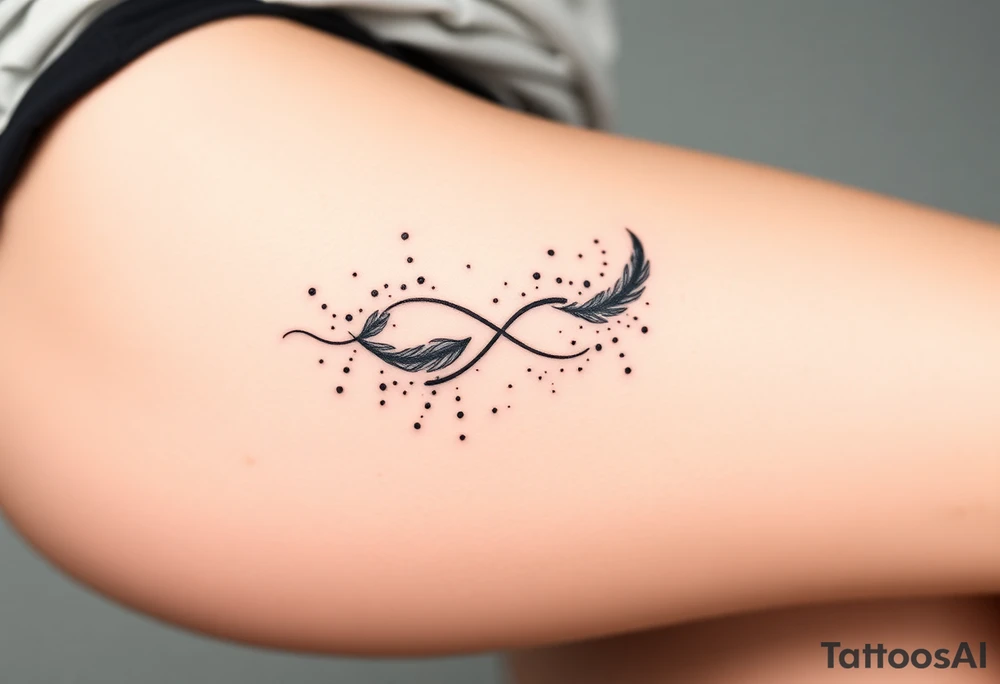 infinity symbol woven with floating feathers and stardust tattoo idea