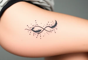 infinity symbol woven with floating feathers and stardust tattoo idea