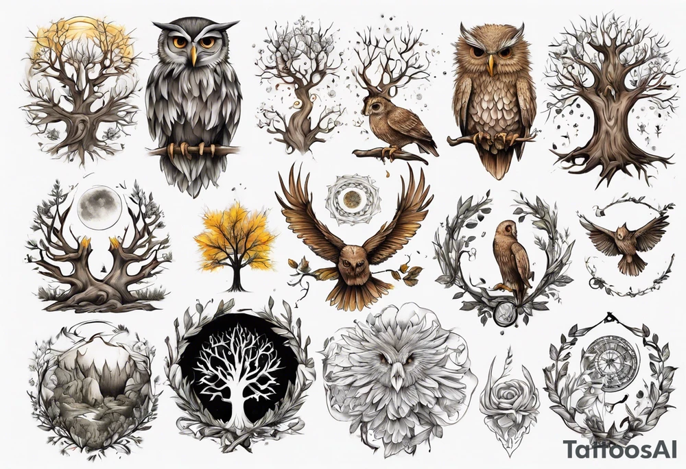 sonne, eule  wald, leben, 
baum, sapere aude tattoo idea