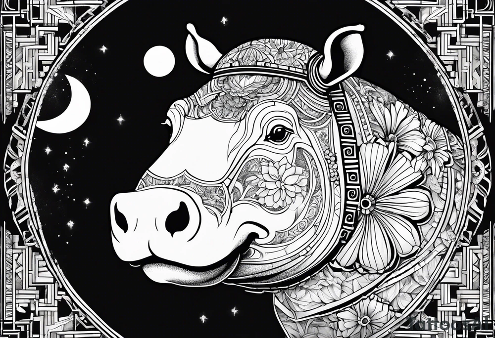 A symbolic hippo head with a detailed realistic full moon on upper right corner and wintersweet flower on lower left corner, looking like a totem tattoo idea