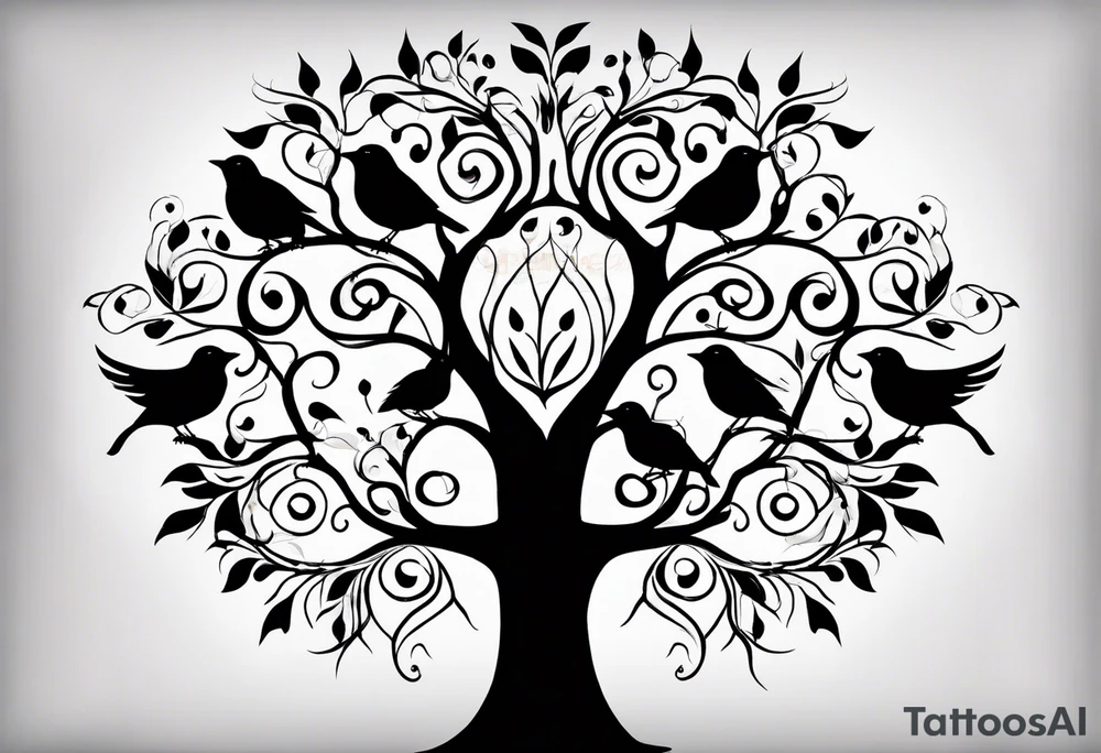 family tree with 6 black birds and cadinal tattoo idea