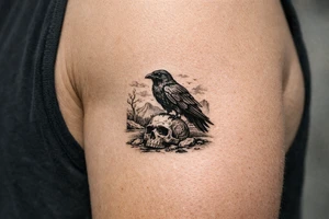 a raven standing on a skull, landscape. tattoo idea